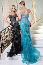 prom dress style 48375 - two girls front, direct gaze, updo, on stairs
