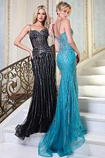 prom dress style 48375 - two girls front, blonde updo leaning ornate stairs