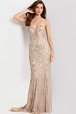 Strapless Beaded Nude Mesh Mermaid Gown