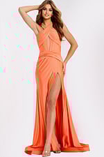 Fitted Orange Prom Gown With Open Back