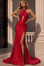 shimmer gown with halter neckline and high slit.