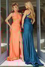halter shimmer gowns with fitted silhouettes and open backs