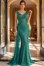 emerald green beaded V neck cap sleeve sheath gown with tulle overlay