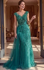 emerald green beaded V neck cap sleeve sheath gown with tulle overlay