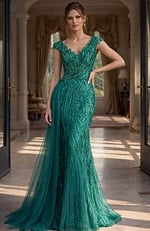 emerald green beaded V neck cap sleeve sheath gown with tulle overlay