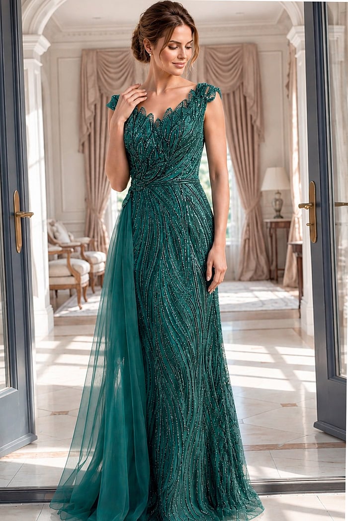 emerald green beaded V neck cap sleeve sheath gown with tulle overlay