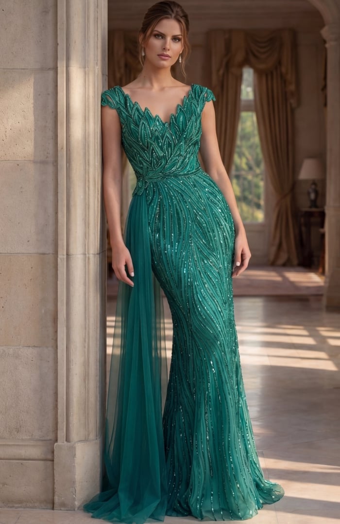 emerald green beaded V neck cap sleeve sheath gown with tulle overlay
