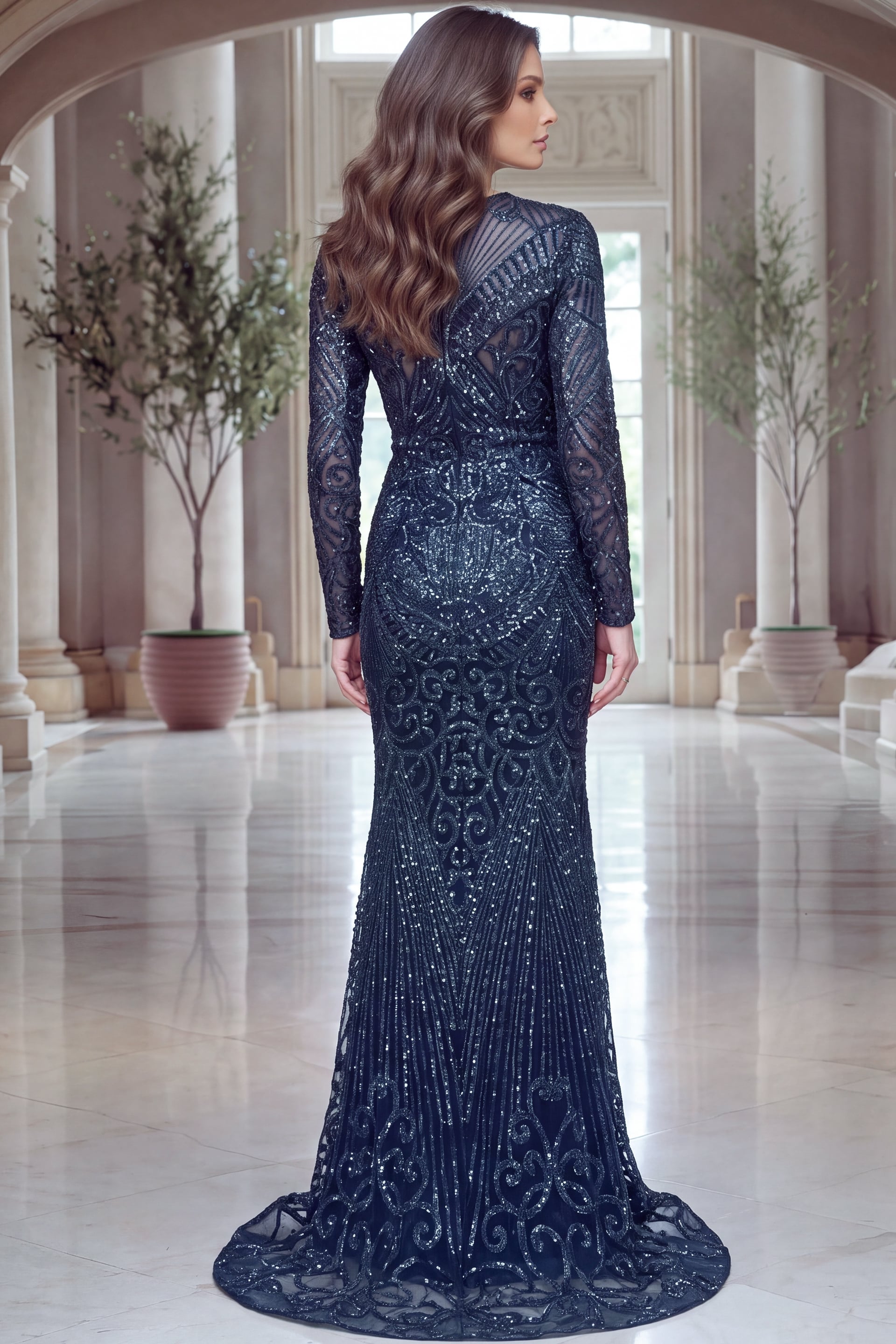 Embellished navy mermaid dress with sparkling pattern and floor-length train.