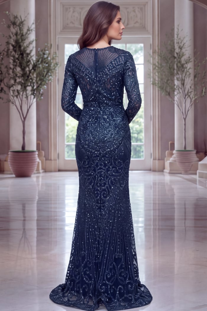 Midnight blue sequin gown with fitted silhouette and flared hem.