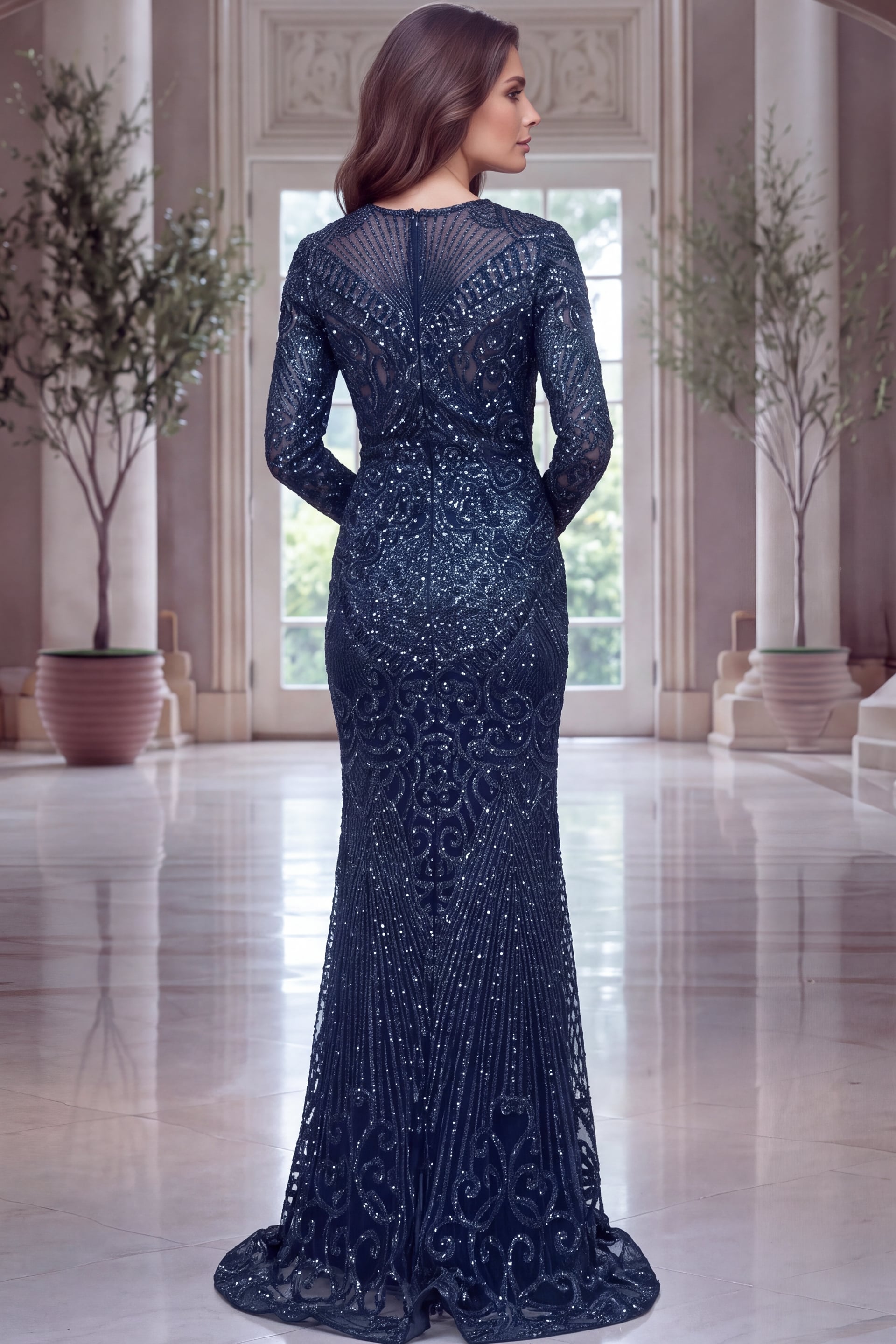 Midnight blue sequin gown with fitted silhouette and flared hem.