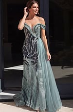 light blue and navy beaded off shoulder A line gown with tulle skirt