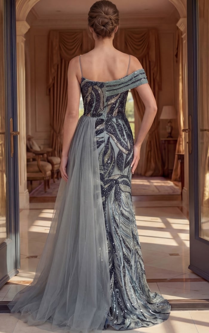 back view of light blue and navy beaded off shoulder A line tulle gown