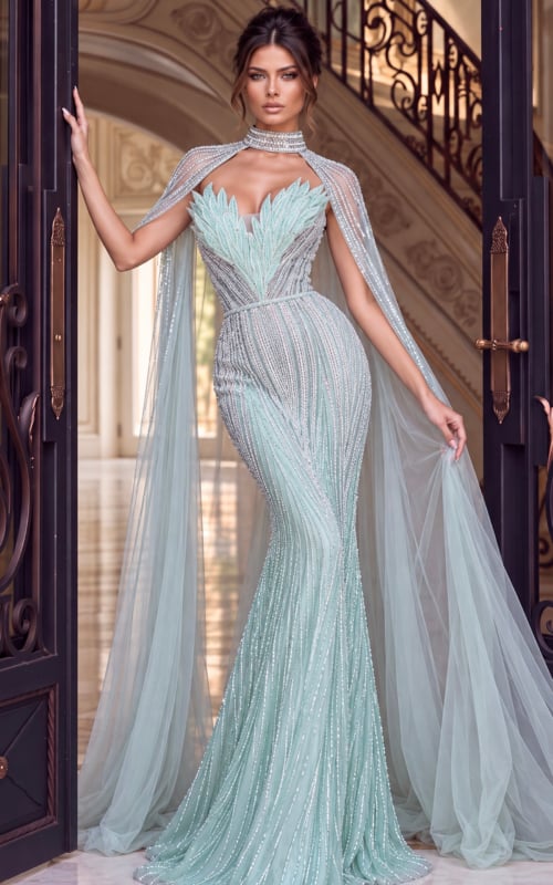 Seafoam beaded mermaid gown with high beaded collar and sheer cape sleeves