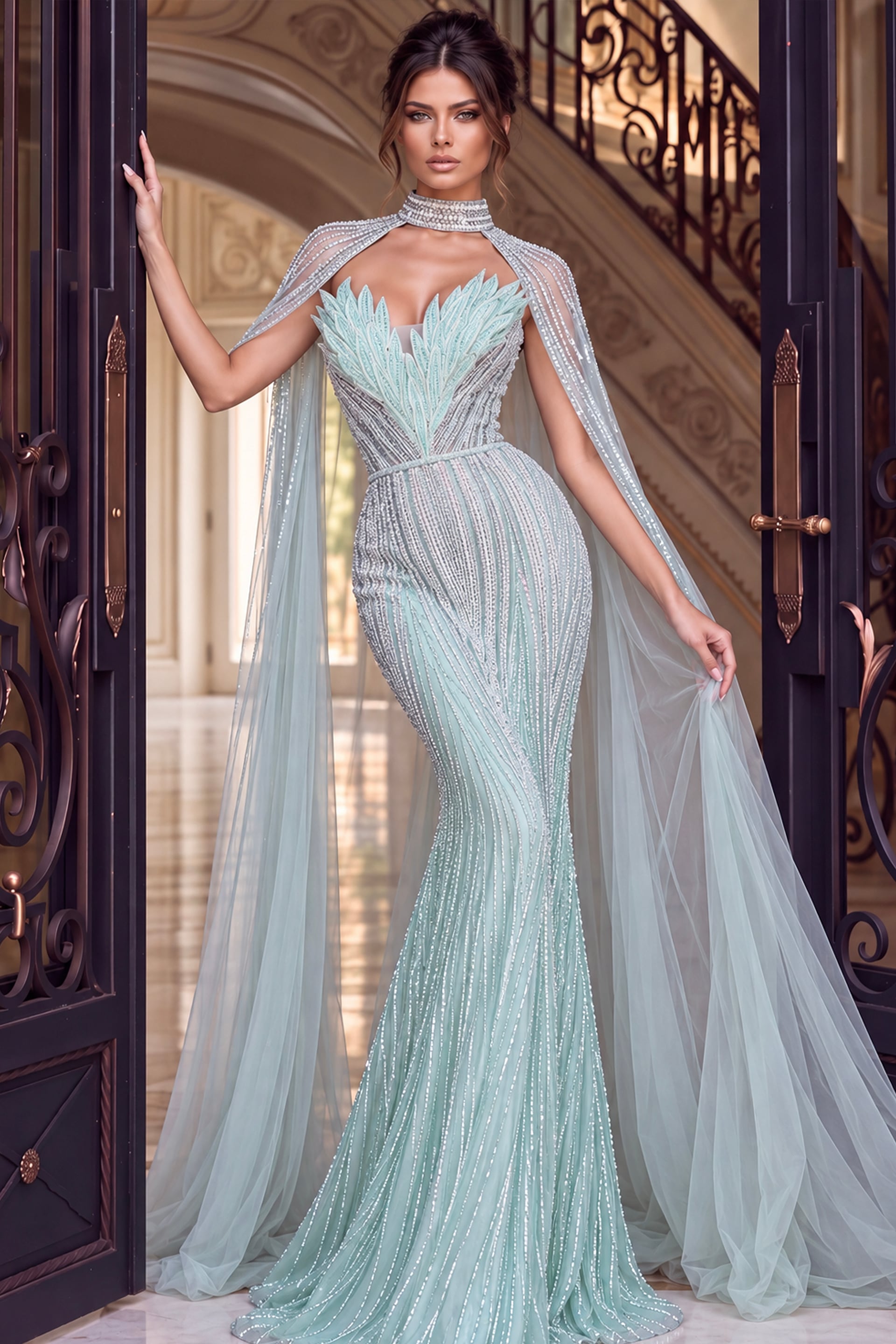 Seafoam beaded mermaid gown with high beaded collar and sheer cape sleeves
