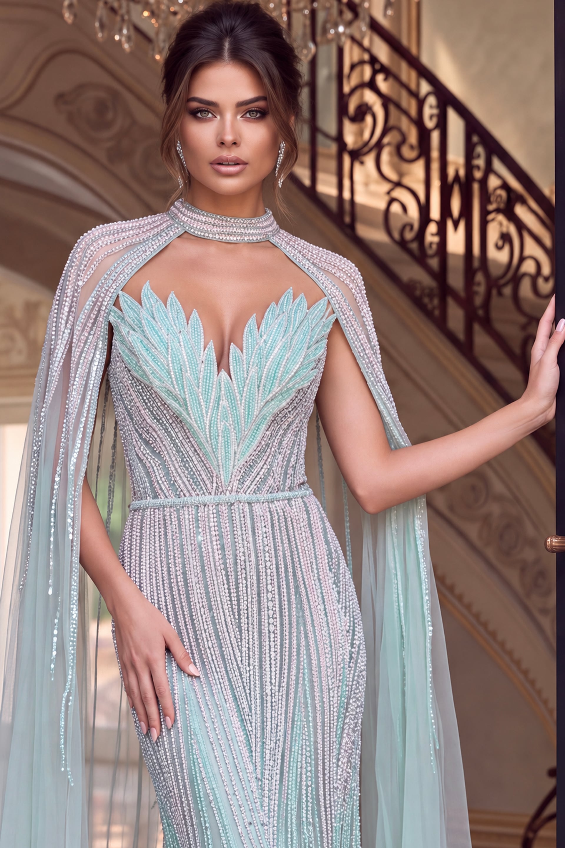 Close front view of seafoam gown showing the beaded collar and feather applique bodice