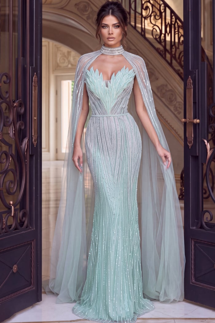 Seafoam beaded mermaid gown with high collar cape shown from the front