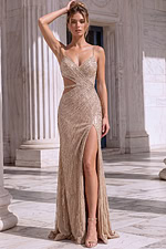 Champagne Sequin Cutout prom Gown with High Slit