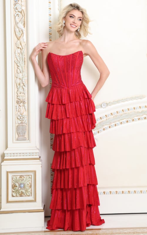 Red shimmer strapless gown with boned corset bodice and tiered ruffle skirt, front view