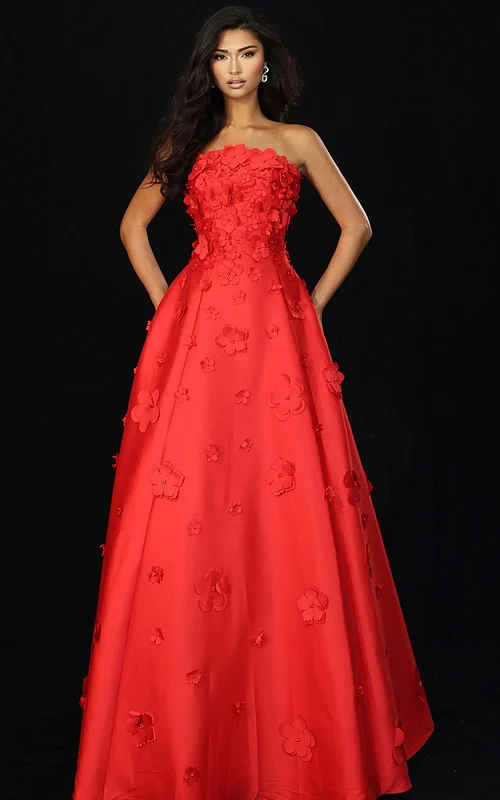 Strapless red ball gown with 3D floral appliqués and full satin skirt