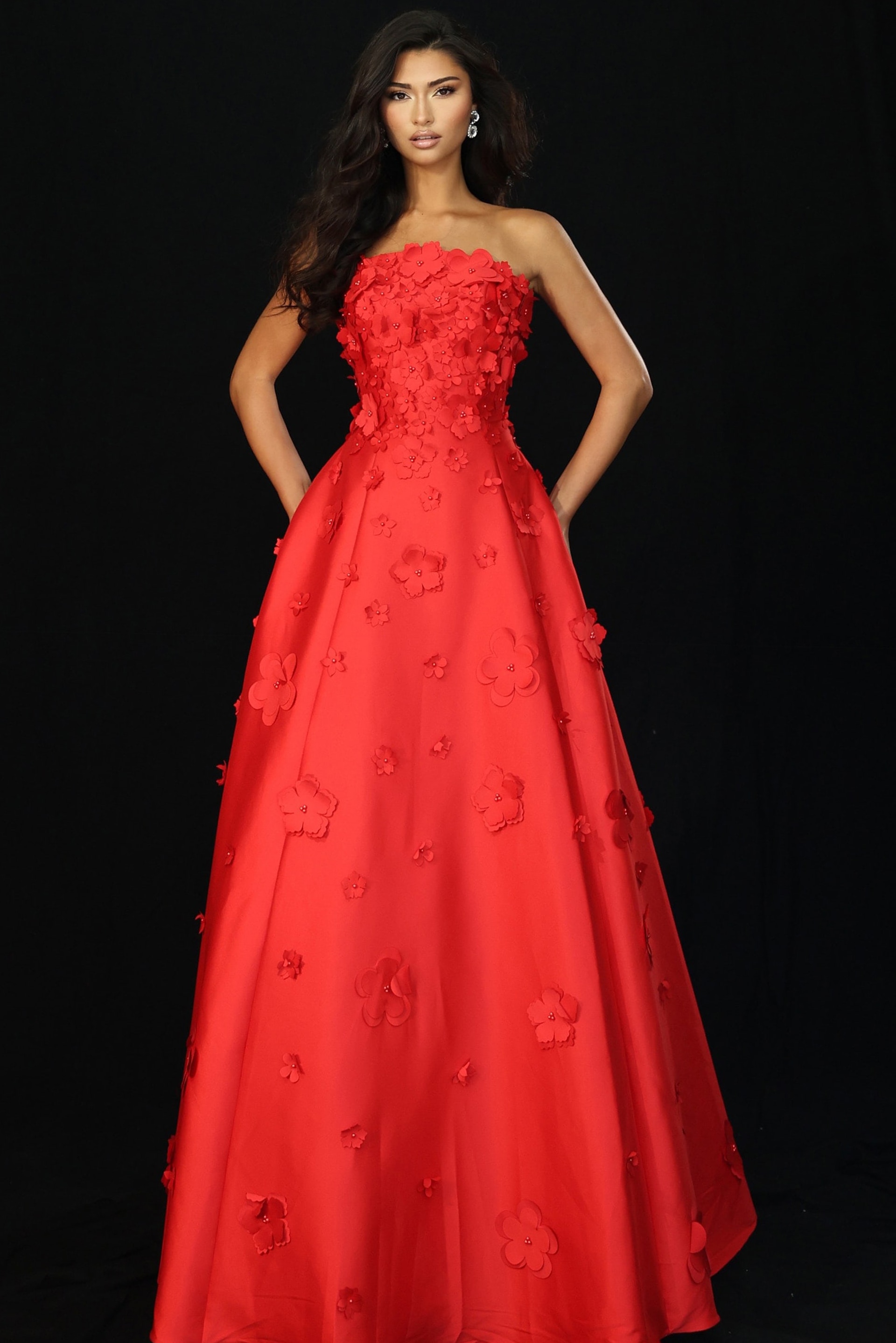 48444_111 Strapless red ball gown with 3D floral appliqués and full satin skirt