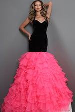 black fuschia mermaid long dress with velvet halter sweetheart ruffled skirt