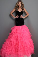 black fuschia mermaid long dress with velvet halter sweetheart ruffled skirt