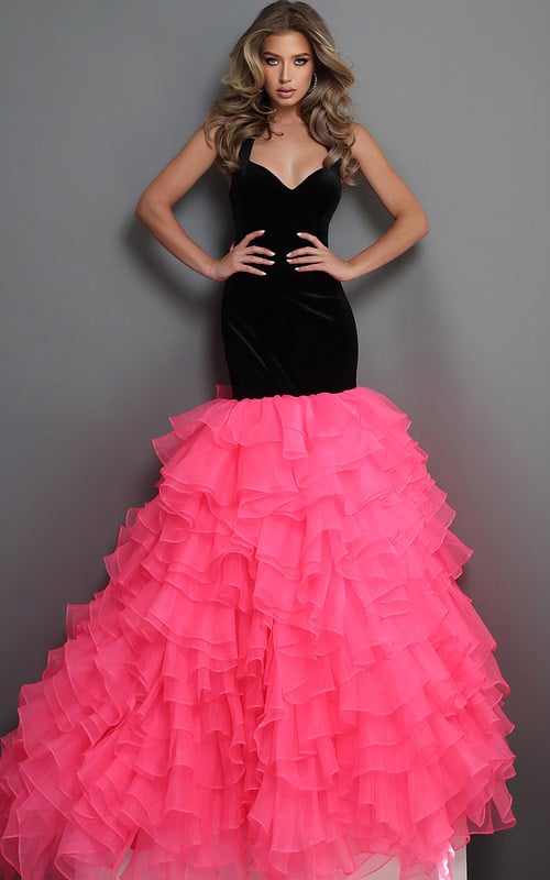 black fuschia mermaid long dress with velvet halter sweetheart ruffled skirt