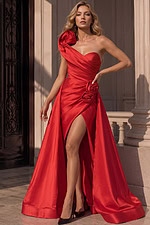 satin one-shoulder gown with dramatic draped train.
