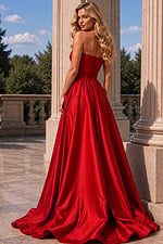 Scarlet evening dress with floral accents and thigh-high slit.