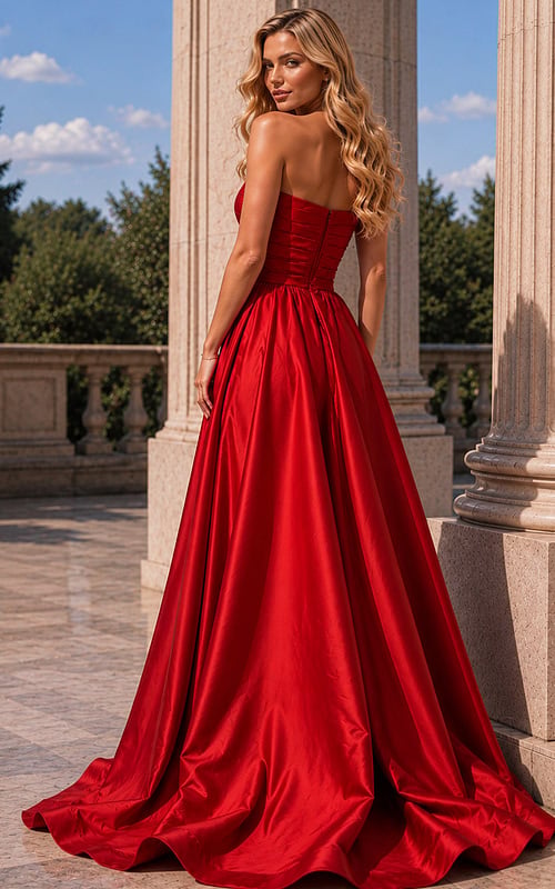 Scarlet evening dress with floral accents and thigh-high slit.