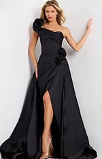 One shoulder black evening gown with floral side detail