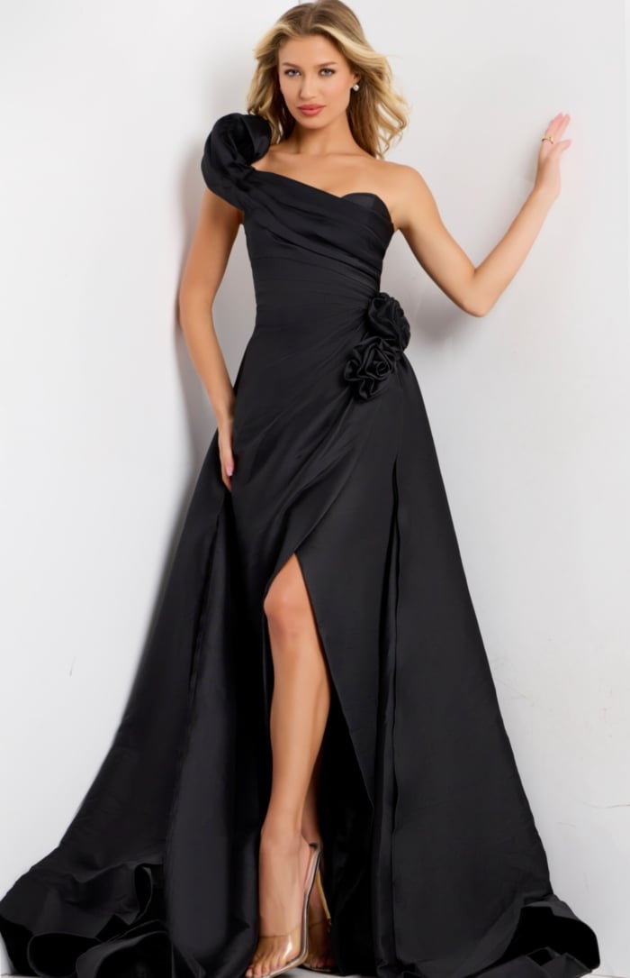 one shoulder dress with flower Kleo Maxi A single shoulder with a tie detail sits atop the shoulder One Shoulder Black Evening Gown