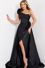Black formal dress with high slit and draped bodice