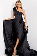 Elegant black gown with one shoulder neckline and rosette accent