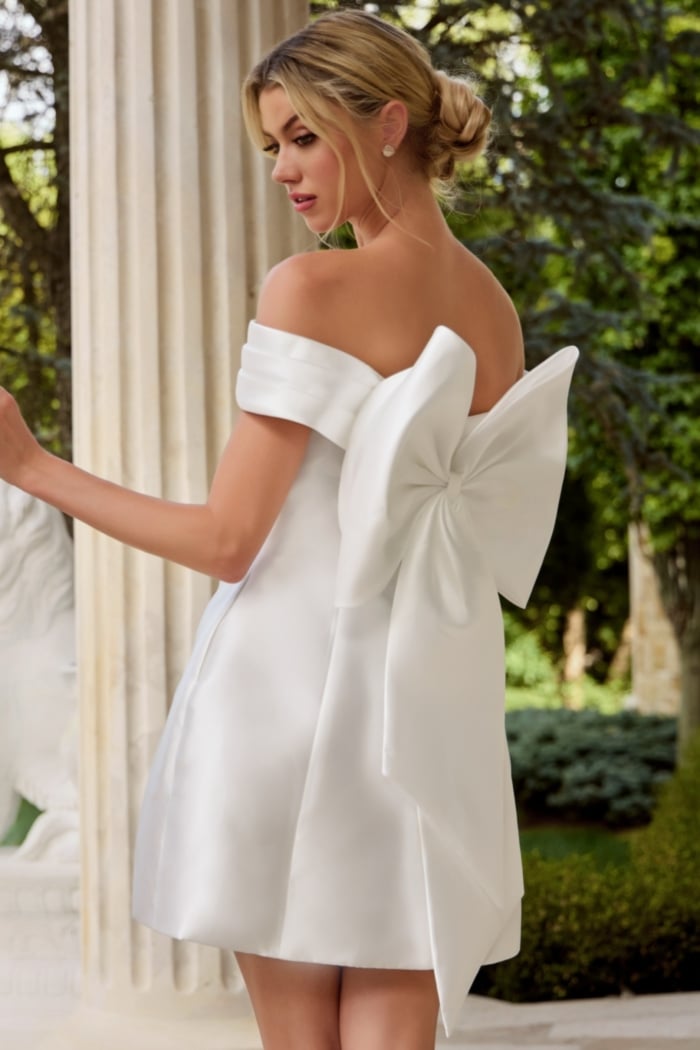 off the shoulder short wedding dress with bow details 48453