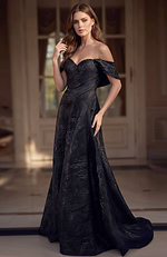 forest green and gold brocade off shoulder sweetheart A line gown