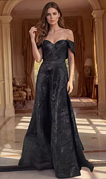 forest green and gold brocade off shoulder sweetheart A line gown