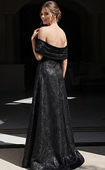 back view of forest green and gold brocade off shoulder A line gown