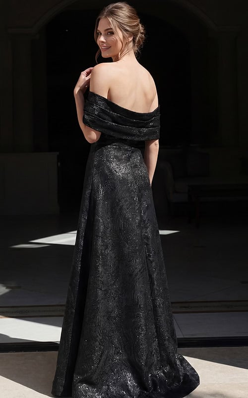 back view of forest green and gold brocade off shoulder A line gown