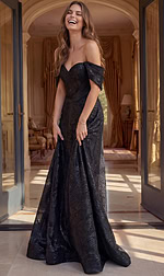 forest green and gold brocade off shoulder sweetheart A line gown