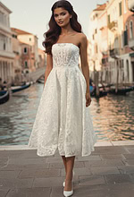 Front view of strapless jacquard mid length bridal dress