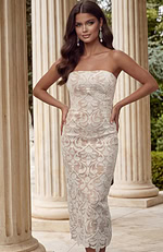 Back view of strapless lace dress with center slit and clean finish