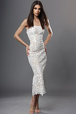strapless lace midi dress with fitted silhouette