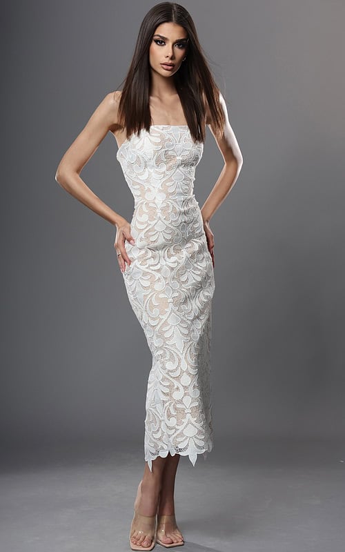 strapless lace midi dress with fitted silhouette