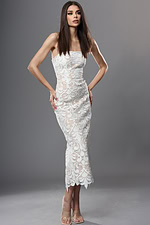 strapless lace midi dress with fitted silhouette