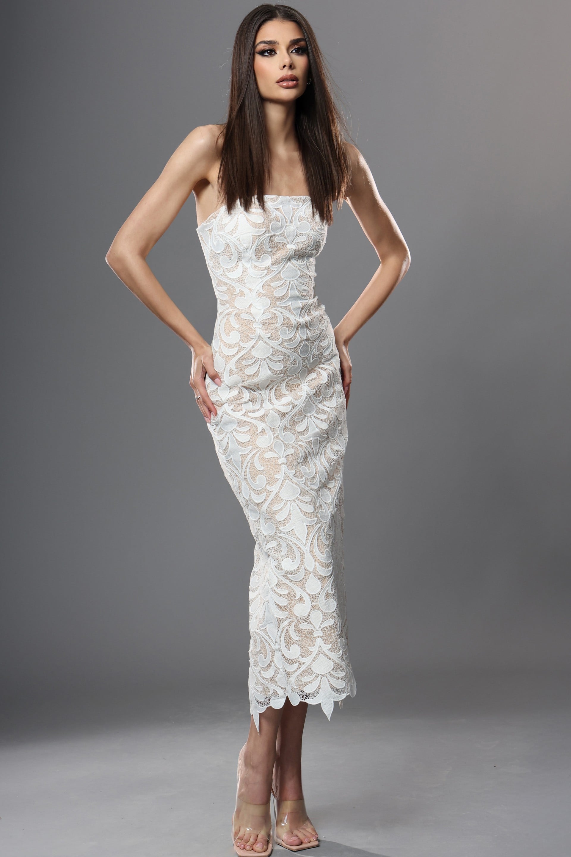 Strapless Lace Midi Dress With Fitted Silhouette 48461 | Jovani Strapless Lace Midi Dress With Fitted Silhouette 48461 | Jovani