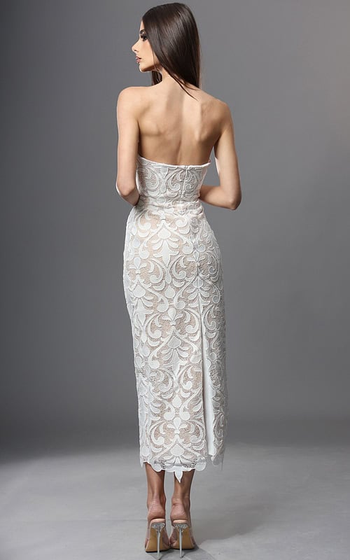 strapless lace midi dress with fitted silhouette
