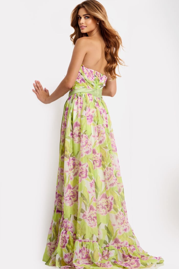 Floral Print A-Line Gown With Bow Waist 48468
