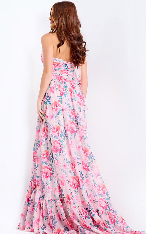 Pink chiffon gown with ruched waist and floral print