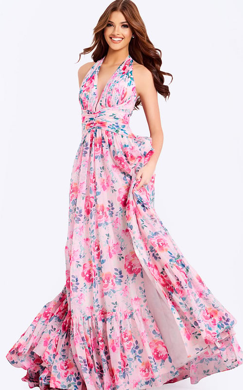 Floral halter prom dress with high slit